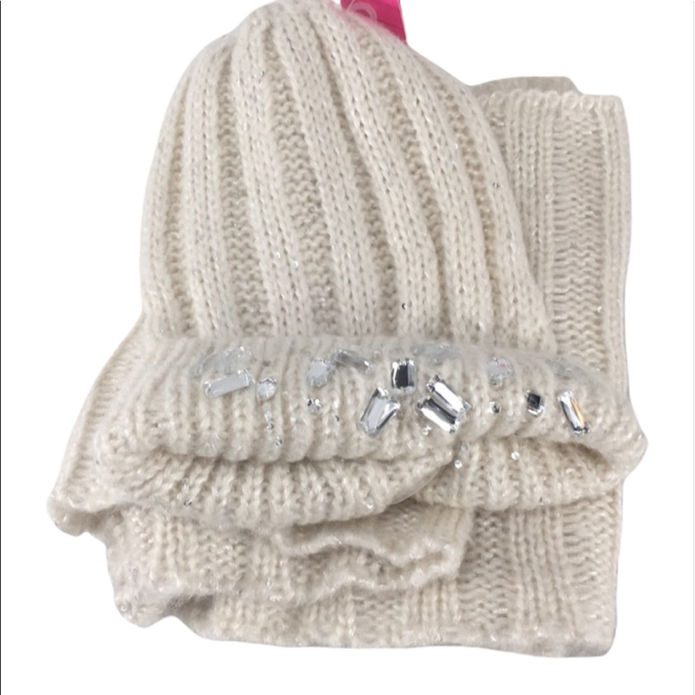 Betsey Johnson Infinity Scarf & Jeweled Beanie, Cream - Picture 5 of 5
